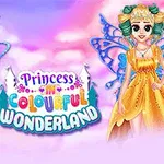 Două prințese fantezie cu aripi colorate, una în rochie verde și cealaltă în rochie galbenă, pe fundal roz cu nori și cer albastru, alături de textul Princess in Colourful Wonderland