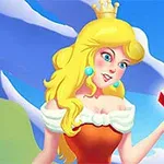 Prințesă desen animat cu păr blond și coroană, ținând un diamant roșu într-un peisaj montan