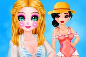 Două personaje animate, una cu păr blond și ochi mari, iar cealaltă cu păr închis și pălărie galbenă, ambele purtând ținute de vară