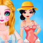Două personaje animate, una cu păr blond și ochi mari, iar cealaltă cu păr închis și pălărie galbenă, ambele purtând ținute de vară
