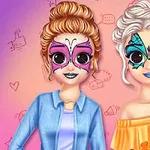 Două personaje cu picturi colorate pe față și coafuri elegante, unul cu părul roșcat și machiaj roz, iar celălalt cu părul alb și masca albastră