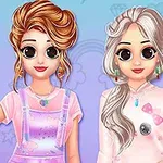 Două personaje animate cu păr coafat stau alături pe un fundal albastru deschis, purtând haine și accesorii colorate