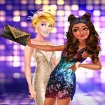 Două personaje animate pozează împreună, una ținând un plic negru strălucitor, pe un fundal pixelat colorat în albastru și violet