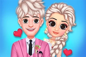 Două personaje animate zâmbitoare, un bărbat și o femeie, îmbrăcați elegant, cu inimioare roșii pe fundal albastru