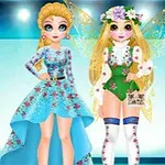 Două personaje animate elegante, una purtând o rochie albastră de gală și cealaltă îmbrăcată ca o zână cu aripi și flori în păr