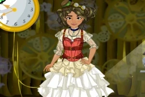 Personaj feminin îmbrăcat în stil steampunk, cu rochie albă cu volane și corset roșu, având un ceas decorativ în fundal