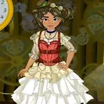 Personaj feminin îmbrăcat în stil steampunk, cu rochie albă cu volane și corset roșu, având un ceas decorativ în fundal
