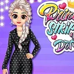Prințesă cu păr blond și vestimentație neagră cu buline albe, alături de un text colorat și decorativ pe un fundal violet