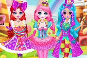 Trei personaje colorate în rochii extravagante, cu păr roz, albastru și roșu, purtând accesorii de basm