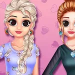 Două personaje animate, cu păr coafat elegant, pozează împreună pe un fundal roz cu inimioare