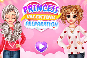 Două personaje animate cu îmbrăcăminte inspirată de Valentines Day și un fundal roz cu un buton de start sub forma unei inimi violet