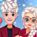 Un cuplu de desene animate cu păr alb și îmbrăcat în haine roșii, cu fundal albastru și inimioare