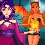 Două personaje animate, una cu păr mov și rochie violet, cealaltă cu păr lung, portocaliu, purtând aripi de liliac și coarne, pe un fundal întunecat cu copaci și pietre funerare