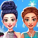 Două personaje animate cu coafuri elegante, îmbrăcate în ținute strălucitoare de iarnă, în fața unui fundal albastru cu fulgi de zăpadă și patine negre în colțul din stânga
