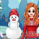 Două personaje stilizate de desene animate stau lângă un om de zăpadă cu o pălărie roșie, pe fundal de iarnă și munți
