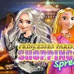 Două personaje animate feminine, îmbrăcate elegant, sunt prezentate în fața unui fundal urban nocturn, cu clădiri luminate și textul Princesses Paris Shopping Spree