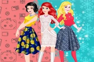 Trei personaje animate feminine poartă rochii elegante pe un fundal împărțit în două culori, coral și turcoaz, decorat cu valize și fulgi de zăpadă