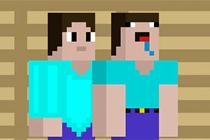 Două personaje pixelate, unul dintre ele cu o față bleagă și salivă albastră, purtând tricouri turcoaz și pantaloni albaștri