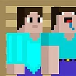 Două personaje pixelate, unul dintre ele cu o față bleagă și salivă albastră, purtând tricouri turcoaz și pantaloni albaștri