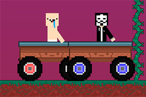Două personaje pixelate într-un vehicul cu patru roți mari, pe un fundal purpuriu cu o plantă cățărătoare