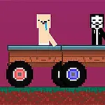 Două personaje pixelate într-un vehicul cu patru roți mari, pe un fundal purpuriu cu o plantă cățărătoare