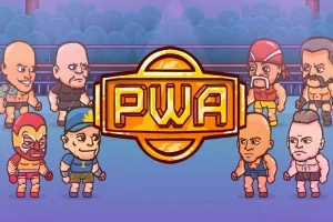 Opt personaje animate în stil desen animat, dispuse în jurul unui logo central cu textul PWA, pe un fundal albastru cu nuanțe de violet