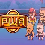 Opt personaje animate în stil desen animat, dispuse în jurul unui logo central cu textul PWA, pe un fundal albastru cu nuanțe de violet
