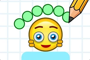Un emoji galben cu ochi albaștri și expresie veselă, înconjurat de bile verzi, alături de un creion galben pe un fundal caroiat