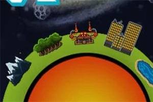 O planetă mică și colorată, cu elemente ca munți, pădure, clădiri și un lac, sub un cer întunecat cu un asteroid