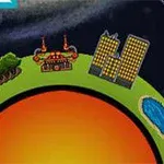 O planetă mică și colorată, cu elemente ca munți, pădure, clădiri și un lac, sub un cer întunecat cu un asteroid
