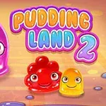 Jeleuri colorate cu fețe zâmbitoare și textul Pudding Land 2 pe fundal