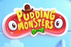 Textul Pudding Monsters pe un fundal de gelatină roșie cu un pălăria maronie și un papion verde