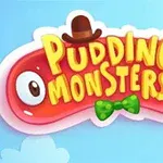 Textul Pudding Monsters pe un fundal de gelatină roșie cu un pălăria maronie și un papion verde