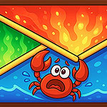 Un crab panicat este prins sub niște bare colorate, cu foc deasupra și apă dedesubt