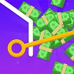 Grămadă de bancnote verzi trecând printr-un obstacol într-un mediu stilizat, colorat în mov