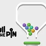 Imaginea prezintă un recipient alb în formă de pâlnie cu bile colorate și textul Pull the Pin în stânga