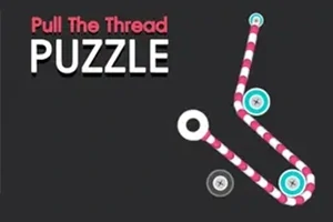 Textul „Pull The Thread Puzzle” și un design cu un fir dungi roz și alb, cu nasturi colorati pe un fundal negru