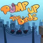 Un păsăroi verde stă pe marginea unei clădiri cu un fundal urban și titlul Pump Up The Birds colorat, însoțit de un vierme roz