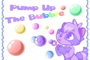 Un personaj de desene animate, purpuriu și drăgălaș, suflă baloane colorate pe un fundal alb, însoțit de textul Pump Up The Bubble