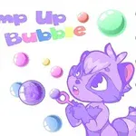 Un personaj de desene animate, purpuriu și drăgălaș, suflă baloane colorate pe un fundal alb, însoțit de textul Pump Up The Bubble