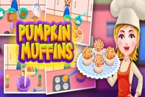 Personaj feminin îmbrăcat în bucătar ține o farfurie cu brioșe, având în fundal imagini cu etapele preparării brioșelor și textul Pumpkin Muffins