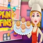 Personaj feminin îmbrăcat în bucătar ține o farfurie cu brioșe, având în fundal imagini cu etapele preparării brioșelor și textul Pumpkin Muffins