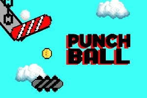Textul Punch Ball pe un fundal albastru cu nori pixelati, o platformă roșie și una neagră și un token galben