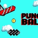 Textul Punch Ball pe un fundal albastru cu nori pixelati, o platformă roșie și una neagră și un token galben