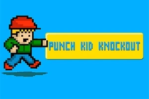 Un personaj pixelat cu o șapcă roșie, tricou verde și pantaloni albaștri lovește un dreptunghi galben cu textul PUNCH KID KNOCKOUT pe un fundal albastru