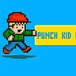 Un personaj pixelat cu o șapcă roșie, tricou verde și pantaloni albaștri lovește un dreptunghi galben cu textul PUNCH KID KNOCKOUT pe un fundal albastru