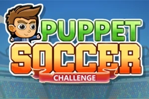 Textul Puppet Soccer Challenge pe un fundal de stadion cu un desen animat de băiat cu păr castaniu în partea stângă