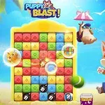 Un câine animat fericit lângă un panou de puzzle colorat pe o plajă însorită, cu un peisaj tropical în fundal