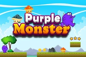 Un monstru violet saltă pe o platformă într-un peisaj de joc animat, cu ciuperci colorate și stele aurii