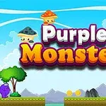 Un monstru violet saltă pe o platformă într-un peisaj de joc animat, cu ciuperci colorate și stele aurii